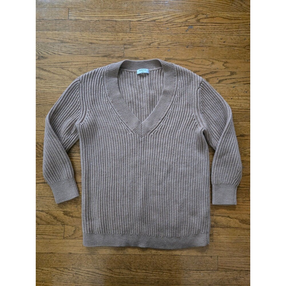 Aritzia Babaton “Roger” Chunky Sweater Tan Merino Wool V-Neck Rib Size Small